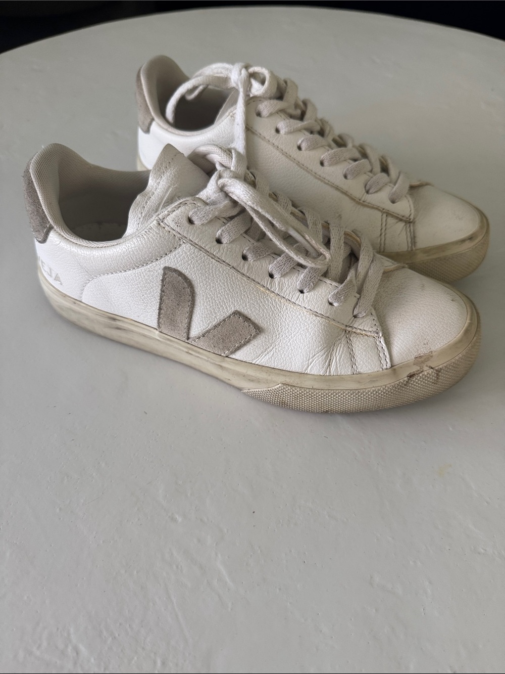Veja White Leather Sneakers with Taupe Accents - Women's